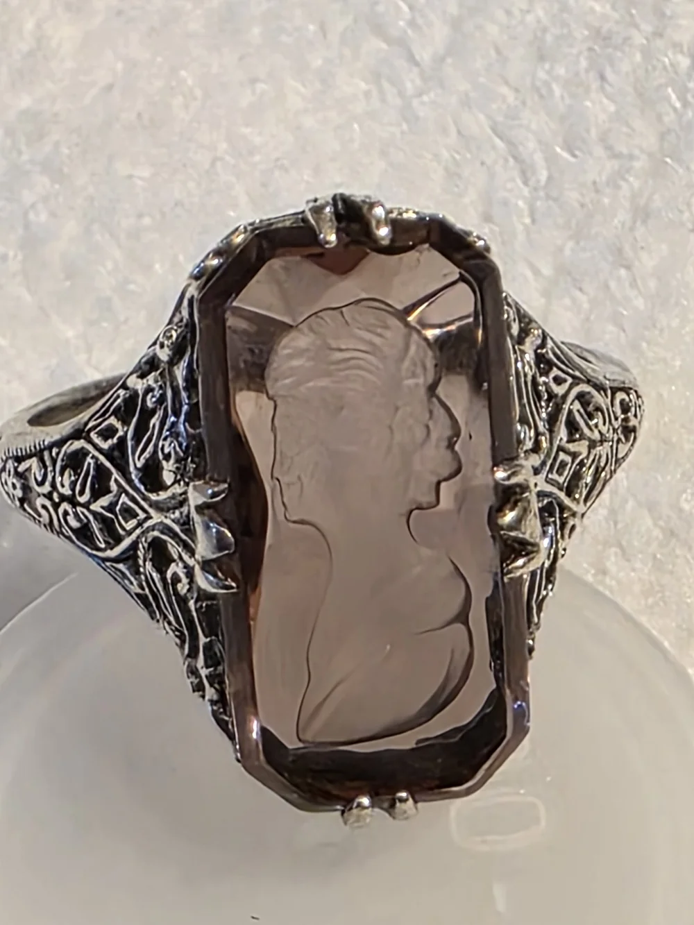 Silver Filigree Cameo Ring with Smoky Pink Stone Vintage!!